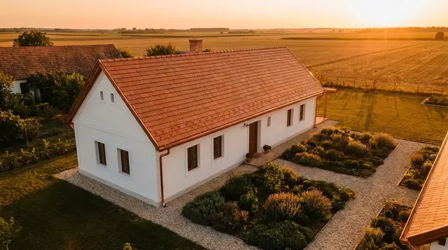 Felújított, új cseréptetős fehér családi ház rendezett kerttel, sík vidéki tájban