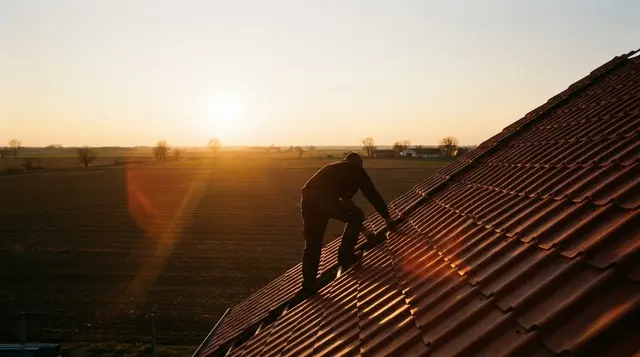 Tetőfedő hátulról vörösbarna cserepeslemez táblákat rögzít egy lejtős tetőn, alkonyi fényben